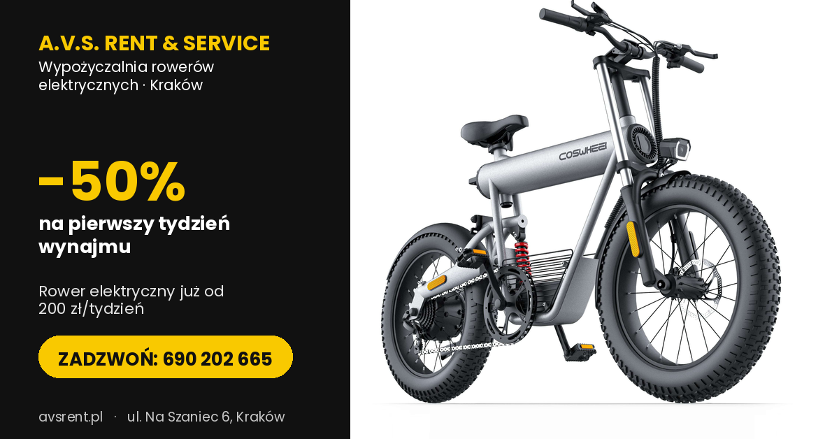Wypożyczalnia rowerów elektrycznych A.V.S. Rent & Service - promocja -50% na pierwszy tydzień wynajmu